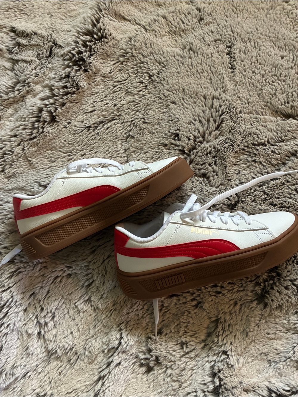Puma White Sneakers with Red Stripe and Brown Platform Sole